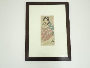 竹久夢二　こたつで読書する女　手摺木版画　額装